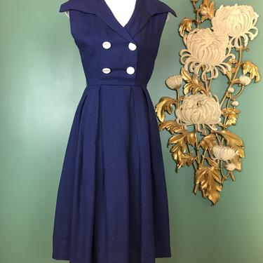 1940s dress, sailor collar, navy blue cotton, double breasted, vintage 40s dress, x-small, 24, full skirt, fit and flare, fashion frock, pin 