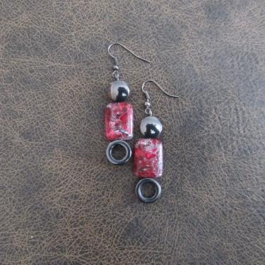 Pink stone earrings, hematite earrings, modern earrings, unique ethnic earrings, mid century earrings, minimalist geometric earrings 