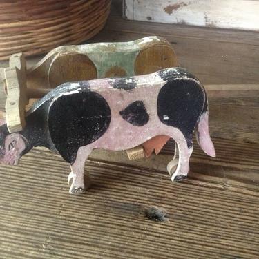 French Folk Art Wood Cows Hand Painted Antique Wooden Pull Toy 