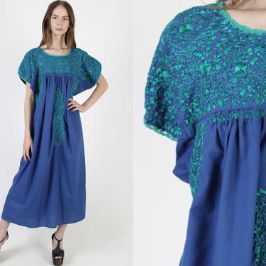 Royal Blue Oaxacan Maxi Dress / All Green Hand Embroidered Dress / Vintage Little People San Antonio Dress Xl 