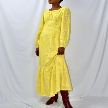Vintage Prairie Dress in Yellow Ditsy Floral and Polka Dot  Print with Puff Sleeves, Empire Waist/ 1960s Maxi Dress 