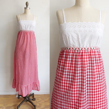 Vintage 70s Lanz Strawberry Trim Gingham Maxi Dress with Eyelet Top/ 1970s Red and White Checked Spaghetti Strap Dress/ Size Small 