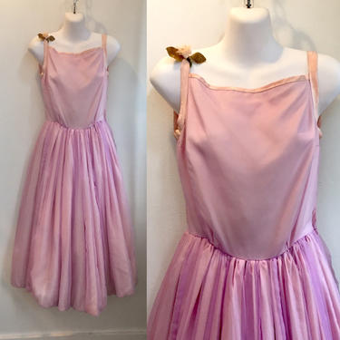 Vintage 1950's Fit and Flare PINK PROM DRESS / Chiffon with Ribbon Trim / Circle Skirt 