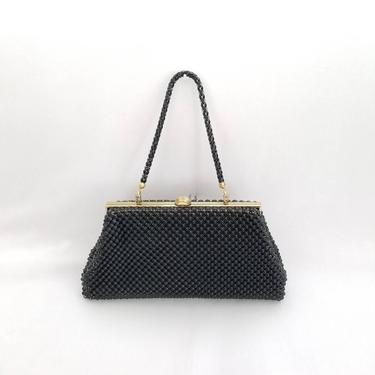 1960s Black Mesh Whiting and Davis Handbag ~ Gold Framed Top Handle Evening Bag ~ Metallic Black Kelly Bag ~ Structured Midcentury Purse 