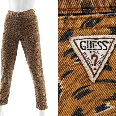 Vintage 1980s Jeans | 80s GUESS by Georges Marciano Leopard Animal Print Ankle Zipper Denim Brown High Waisted Skinny Pants (x-small/small) 