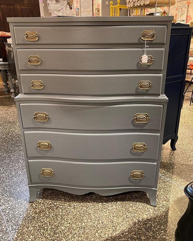 Gray painted chest of drawers, solid mahogany. Made in High Point N.C. by the Continental furniture company. 6 drawers. 36”x 19” x 51.5” 