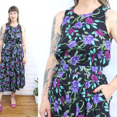 Vintage 90's Purple Floral Sun Dress with matching belt / 1990's Summer Midi Dress with Pockets / Women's Size XS - Small by Ru