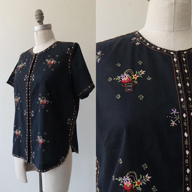 Vintage 60s Embroidered Folk Blouse/ 1960s Black Cotton Top/ Size Medium 