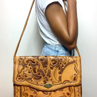 VINTAGE 80s Brown Hand Tooled Leather Bag 