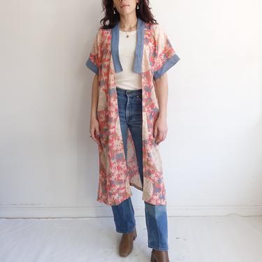 Vintage 1920s Cotton Open Front Robe/ 20s Deco Japanese Maple Leaf Kimono Style Light Summer Jacket/ Lounge Wear/ Beach Pajamas/ Bridal 