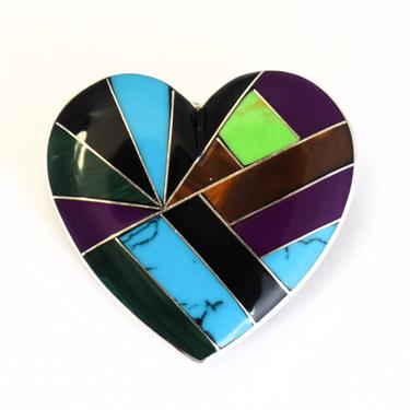 Big 80's Mexico 925 silver multi-stone inlay Modernist heart pin pendant, romantic sterling & stones abstract sweetheart brooch 