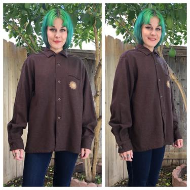 Vintage 1960’s Brown Wool Shirt with Sun Embroidered on the Pocket 