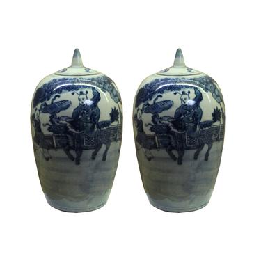 Lot of 2 Blue White Small Oriental Graphic Porcelain Point Lid Jars ws107E 