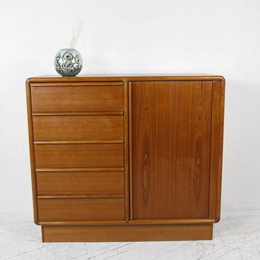 Vintage MCM tallboy/Highboy Danish teak dresser w/ sliding tambour door and 5 drawers | Free delivery in NYC and Hudson areas 