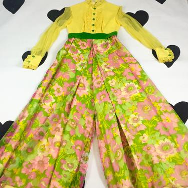 70's psychedelic tuxedo ruffle palazzo jumpsuit gown 1970's neon floral ruffled silk chiffon velvet party prom wide leg jumpsuit dress / XS 