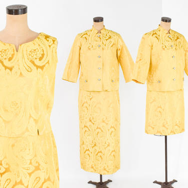 1960s Gold Brocade Evening Suit | 60s Buttercup Yellow 4 Piece Suit Set | Roberta Lee Original | Medium 