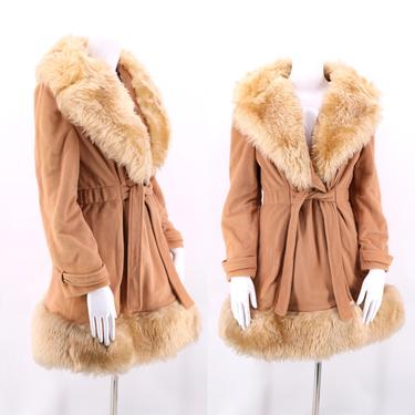 70s PENNY LANE camel faux fur trim coat sz M / vintage 1970s vegan almost famous COAT fur jacket M 
