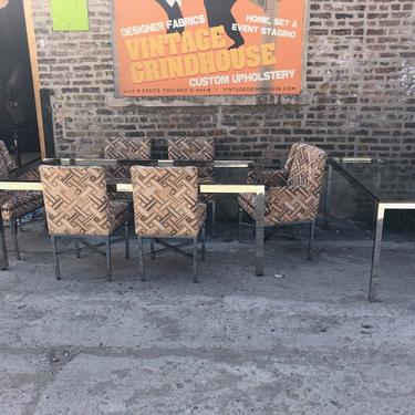 Vintage Mid Century Modern Milo Baughman 8 Piece Dining Set Flat Bar Chrome Dining and Sideboard Table and 6 Original Fabric Chairs
