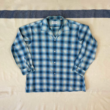 Size Large Vintage Mens 1950s 1960s Arrow Blue and Cream Shadow Plaid Cotton Loop Collar Shirt 