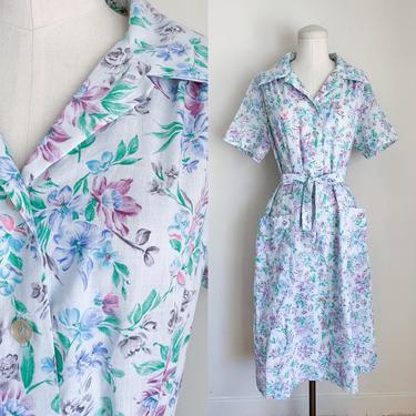 Vintage 1970s Blue Floral Shirt Dress / M 