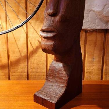 Mid Century Wood Carving Bust of Man Easter Island Moai Head Tiki 