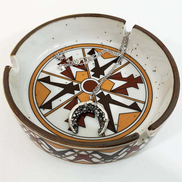 True Vintage Aztec White Ashtray Brown Geometric Tan Boho Black White Jewelry Trinket Bowl Dish Speckled Made in Japan Mid-Century Modern 