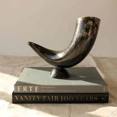 Vintage Rustic Bull Horn Mounted Decorative Sculpture | Polished, Black, Gray | Western, Bohemian, Coffee Table Art | Steer Horn Home Decor 