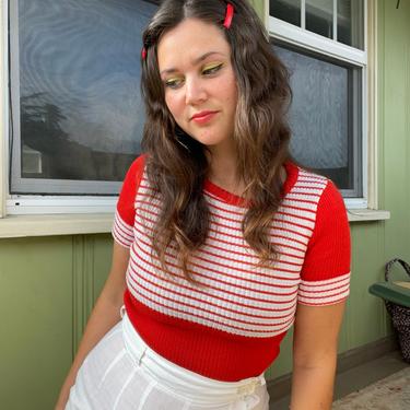 1970s Red and White Striped Knit Sweater Top 