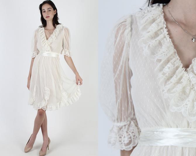 Romantic Country Swiss Dot Dress / Sheer Ivory Floral Lace Dress / Vintage 70s Puff Sleeve Gown / Womens Wrap Mini Midi Dress 