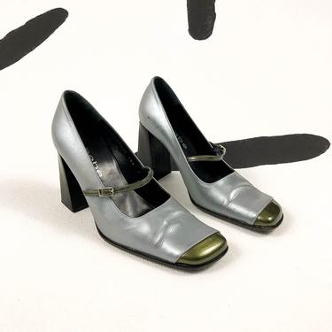 90s y2k Ice Blue and Olive Green Square Toe Patent Leather Heeled Mary Jane Pumps / Bebe / Space / Baby Blue / Silver / 00s / Size 7 / 