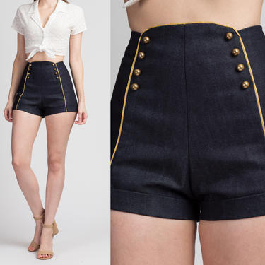 Vintage Sailor Pinup High Waist Shorts - Extra Small | Retro Midnight Blue Nautical Hot Pants Booty Shorts 