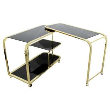 Mid Century Modern 2 Tiered Brass &amp; Black Glass Serving Bar Cart by DIA 1970s 