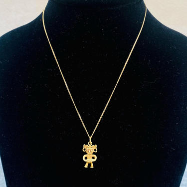 Vintage Italian 14K & 18K Gold Pendant Necklace, 14K Yellow Gold Cable Chain 1mm, 18K Yellow Gold Figure Pendant, Tribal/Symbolic, 17&quot; Long 