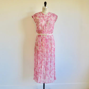Vintage 1950's Pink White Cotton Floral Print Sheath Dress Pin Tuck Pleated Spring Summer Garden Party Rockabilly L'Aiglon 30&amp;quot; Waist Medium 