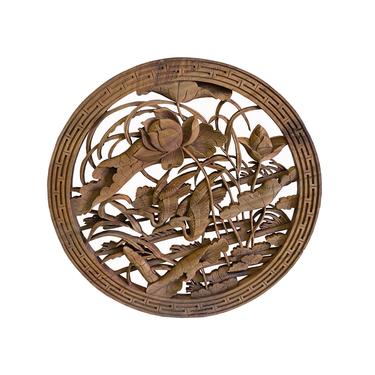Chinese Round Flower Birds Rustic Raw Wood Wall Plaque Panel ws1958E 