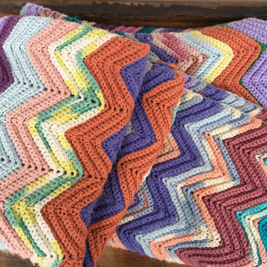 Vintage Crocheted Blanket, Hand Crochet Chevron Afghan, Sofa Chair Throw 
