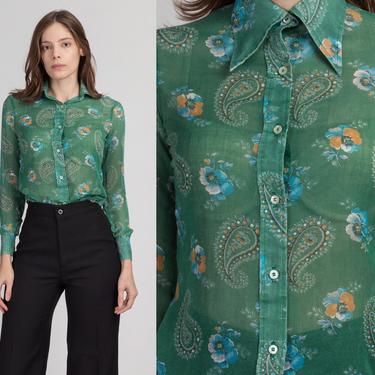 70s Pucci Sheer Green Paisley Blouse - Petite XS | Vintage Pointed Collar Long Sleeve Button Up Top 
