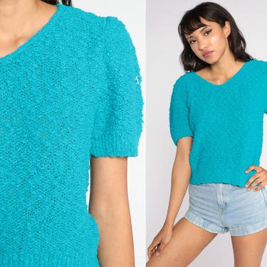 Knit Puff Sleeve Top 80s Turquoise Shirt Boho Short Sleeve Sweater Top Bohemian Vintage 1980s Small 