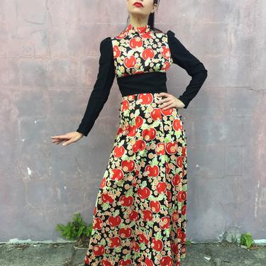 vintage 70s Young Innocent by Arpeja maxi dress | apple and flower print boho long sleeve dress 