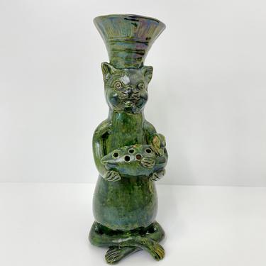 Vintage Green Cat Folk Art Pottery Vase Kitty Flower Frog Duck Pitcher Artisan Handmade 