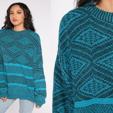 Southwestern Knit Sweater 80s 90s Geometric Aztec Blue Sweatshirt Bohemian Vintage Knitwear Pullover Jumper 1980s 1990s Medium Large M L 