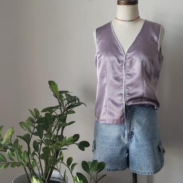 Handmade Asian Satin Lilac Top| Vintage Sleeveless Button Down Tank Top| Size XS/S 