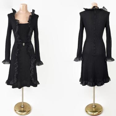 VINTAGE 70s Unique Witchy Black Mesh RuffleTrim Dress | 1970s Gothic Long Sleeve Dress | Disco Glam Cocktail Dress by Aldens Fashions 