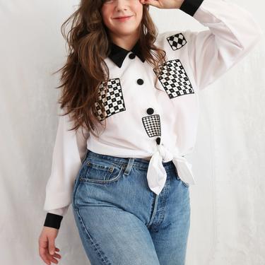 Vintage 90's  Button Down Shirt Black and White Geometric Patterned Blouse by Impressions of California 