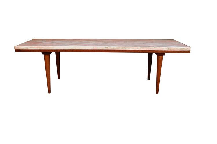 Mid Century Modern Marble Top Slat Bench Coffee Table 