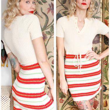 1970s Dress // Ivory Knit & Striped Dress // vintage 70s knitwear 