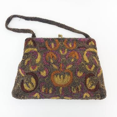 1950s Autumn Colors Beaded Evening Bag | 50s Brown & Gold Beaded Handbag | Walborg 