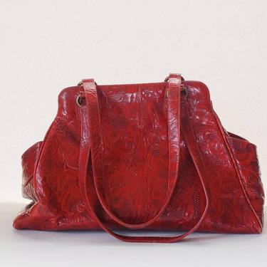 Vintage Couture Donald Pliner Embossed Red Leather Handbag / Y2K Designer Purse Satchel Style / Stefa 