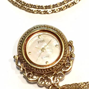 Vintage 1928 Jewelry Co Watch Necklace Clock Mother of Pearl Made in Japan Retro 
