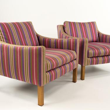 Borge Mogensen for Federicia #2207 Style Mid Century Modern Lounge Chairs in Pink Vintage Striped Fabric - Matching Pair - mcm 